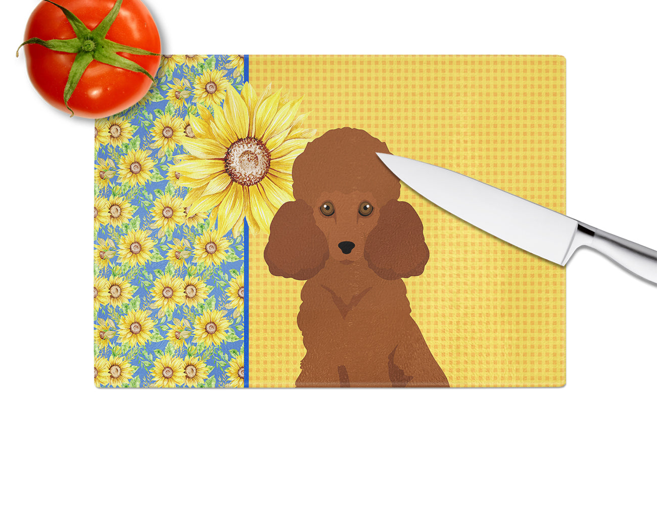 Caroline's Treasures Summer Sunflowers Toy Red Poodle Glass Cutting Boards – Durable, Decorative Kitchen Art Large