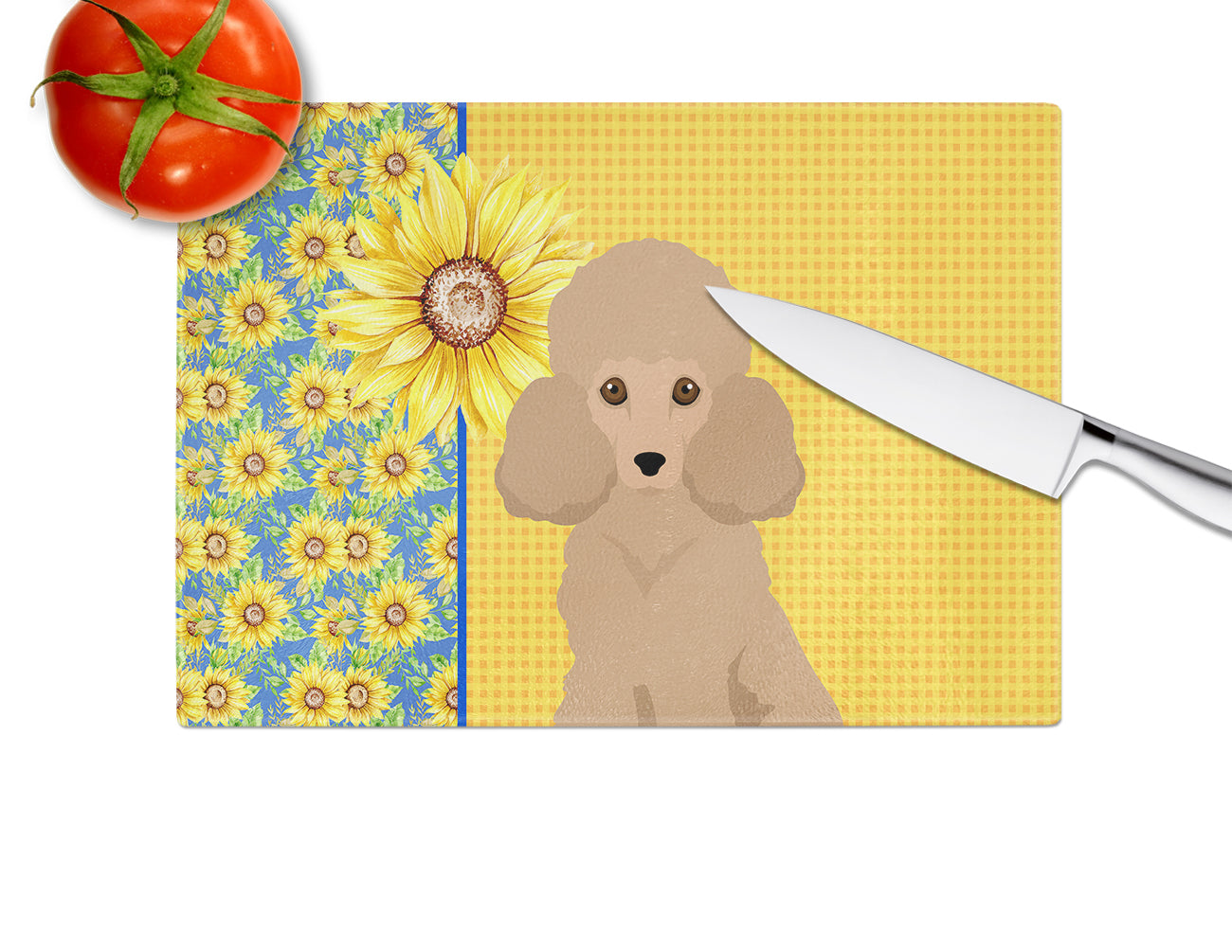 Summer Sunflowers Toy Apricot Poodle Glass Cutting Board Large - the-store.com