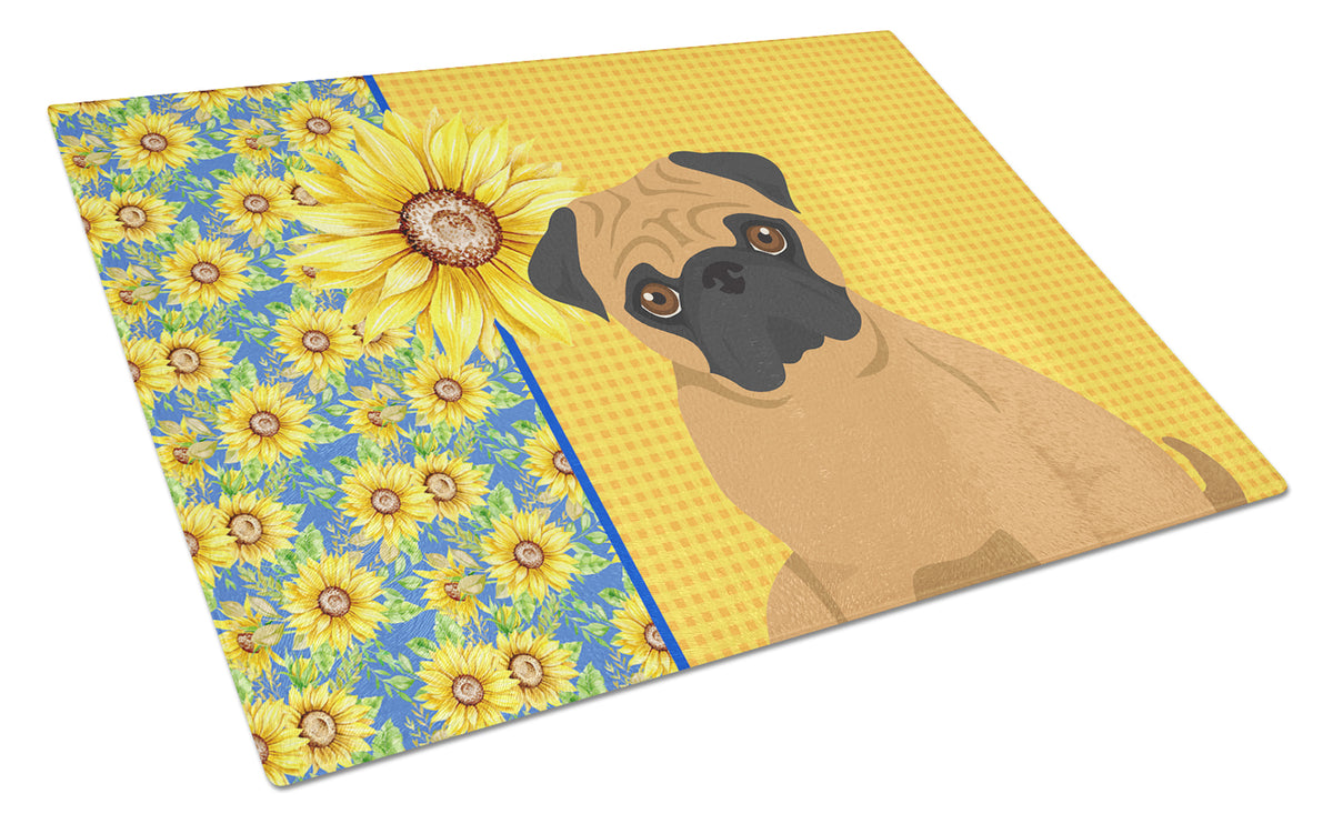 Buy this Summer Sunflowers Apricot Pug Glass Cutting Board Large