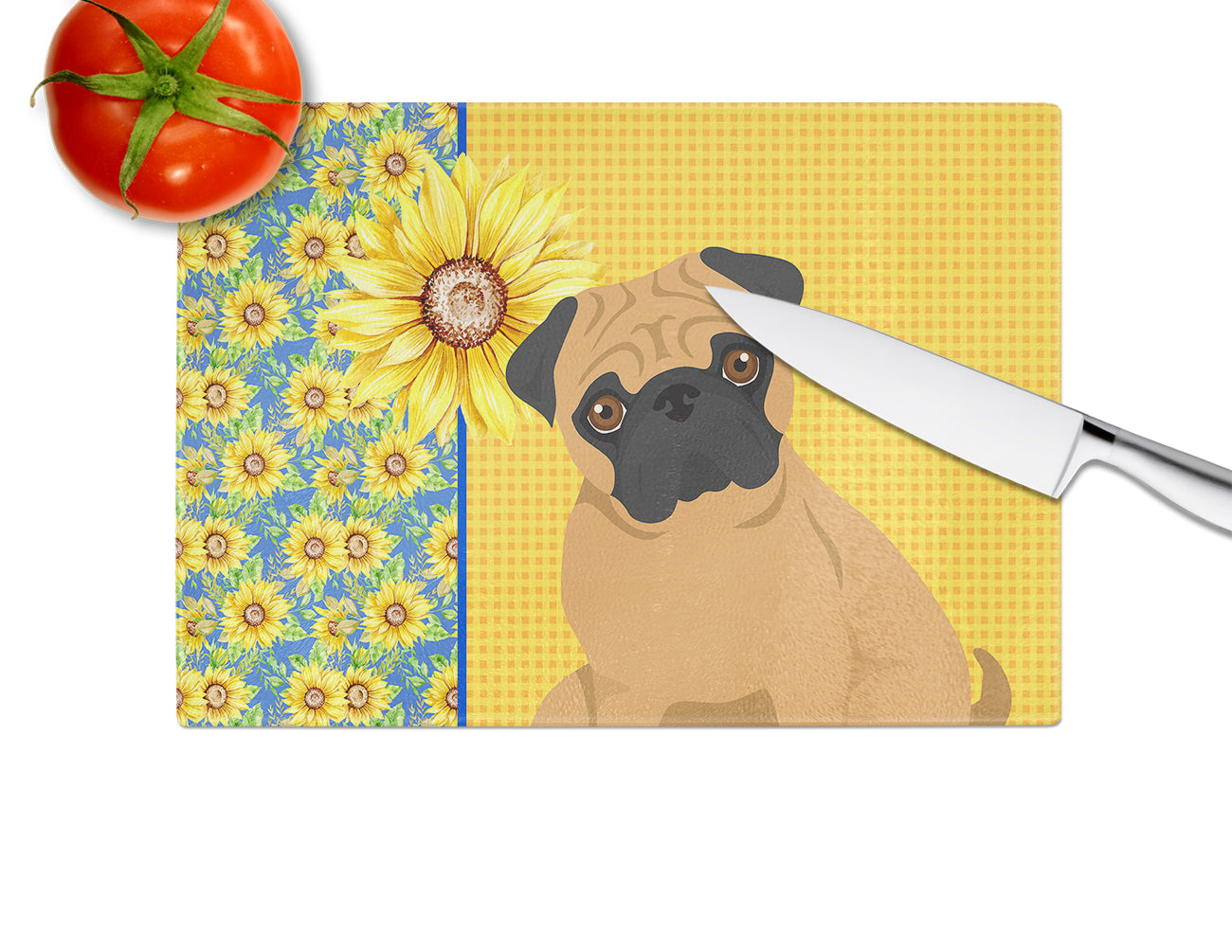 Summer Sunflowers Apricot Pug Glass Cutting Board Large - the-store.com