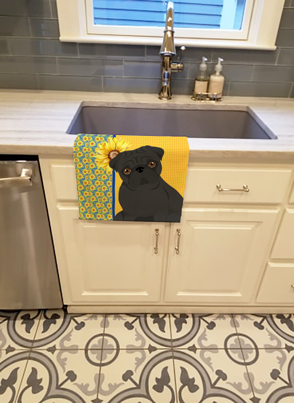 Buy this Summer Sunflowers Black Pug Kitchen Towel