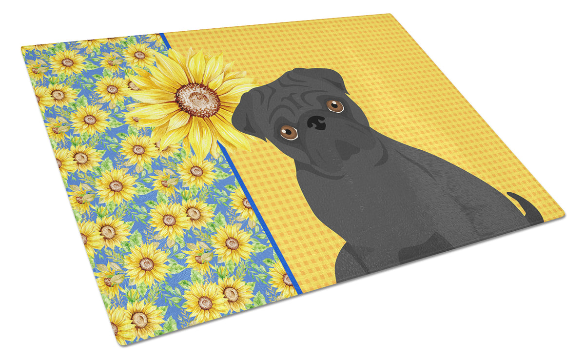 Buy this Summer Sunflowers Black Pug Glass Cutting Board Large