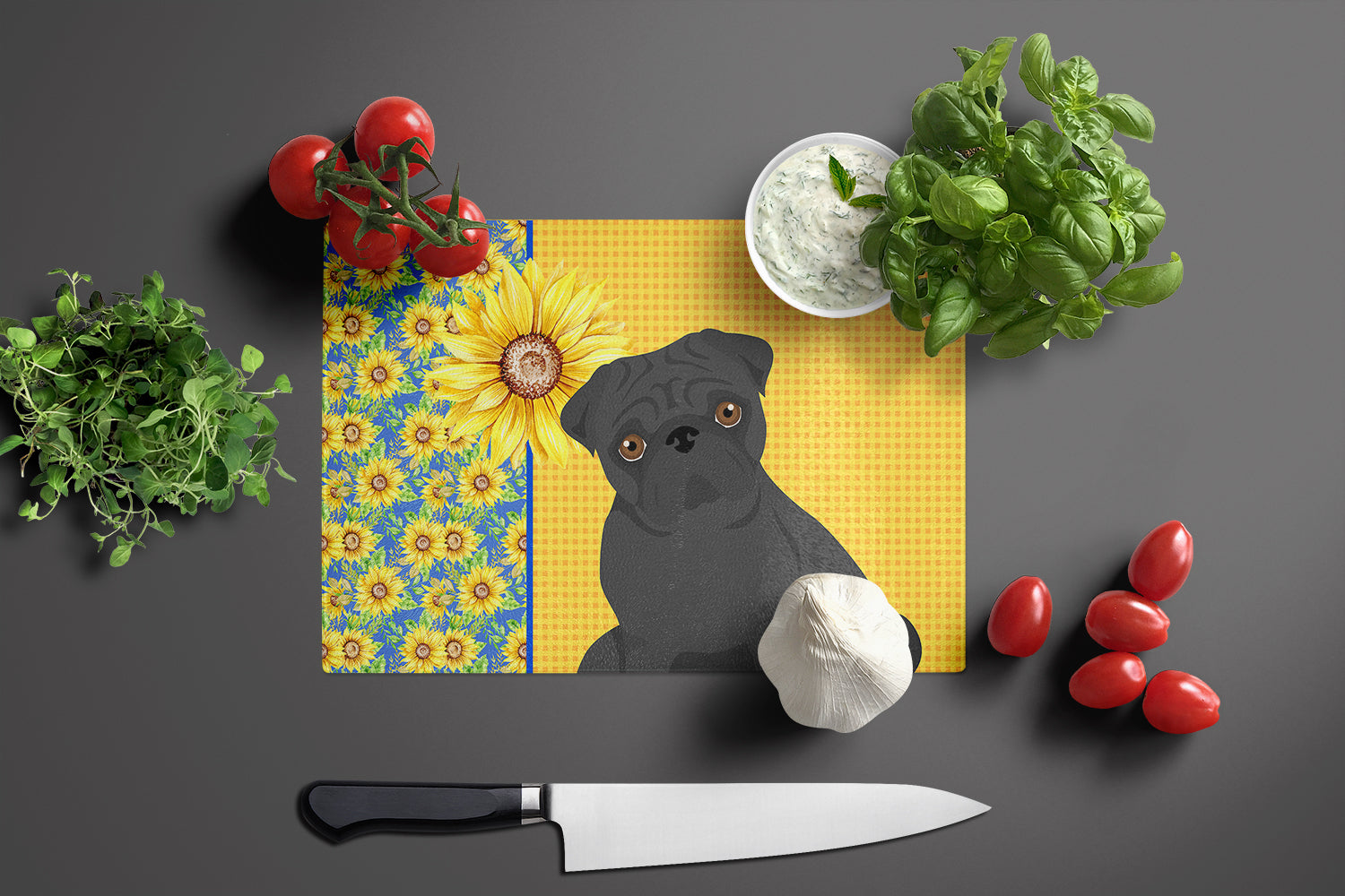 Summer Sunflowers Black Pug Glass Cutting Board Large - the-store.com