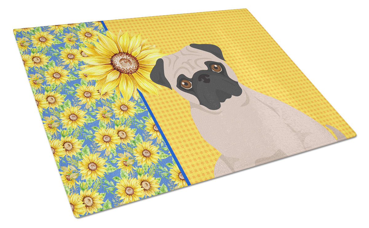 Buy this Summer Sunflowers Fawn Pug Glass Cutting Board Large