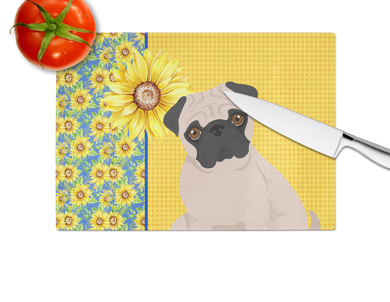 Summer Sunflowers Fawn Pug Glass Cutting Board Large - the-store.com