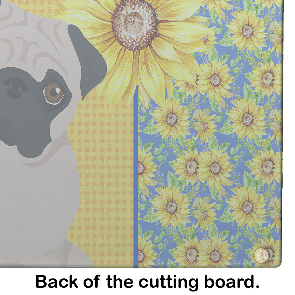 Summer Sunflowers Fawn Pug Glass Cutting Board Large - the-store.com