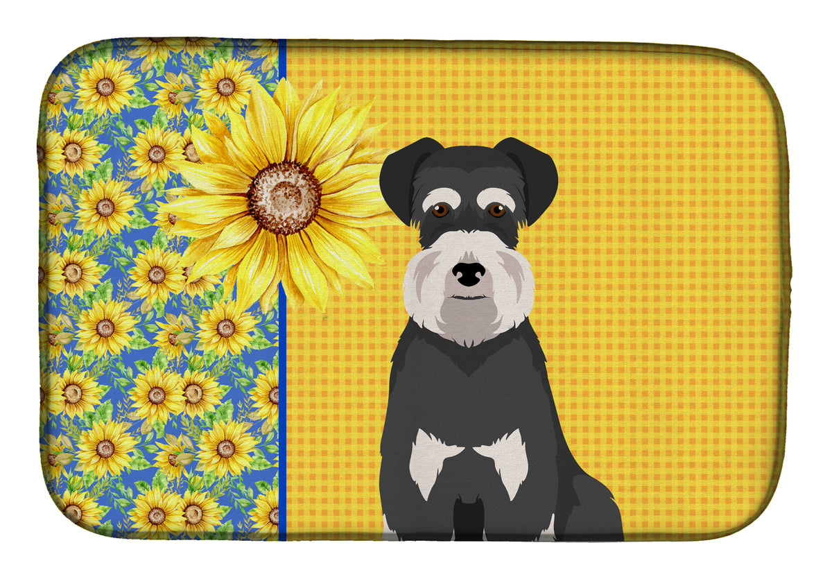 Summer Sunflowers Black and Silver Natural Ears Schnauzer Dish Drying Mat
