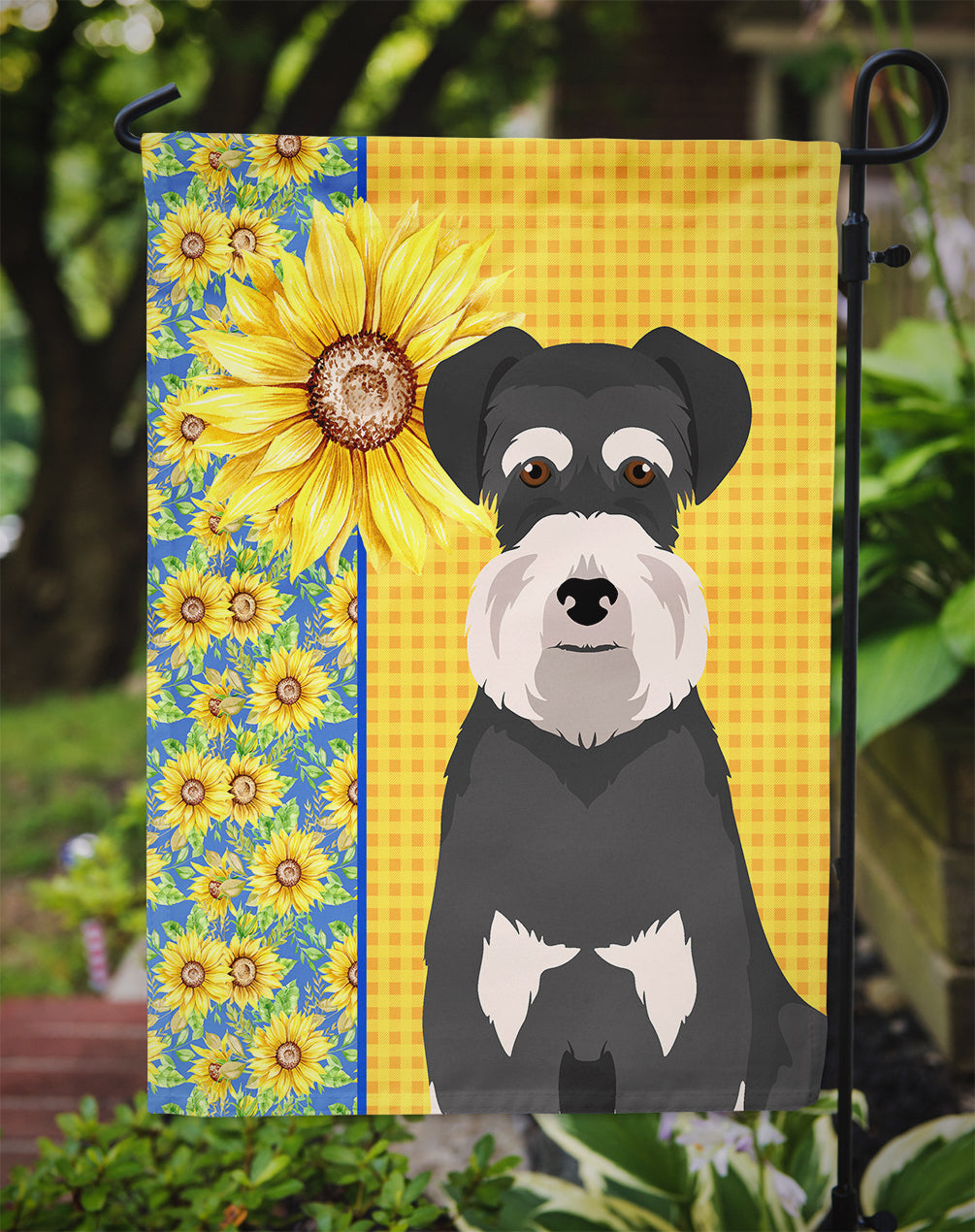 Summer Sunflowers Black and Silver Natural Ears Schnauzer Flag Garden Size