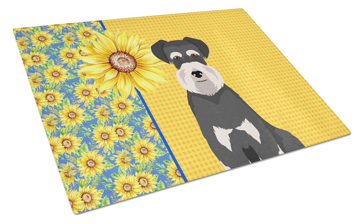 Buy this Summer Sunflowers Black and Silver Natural Ears Schnauzer Glass Cutting Board Large