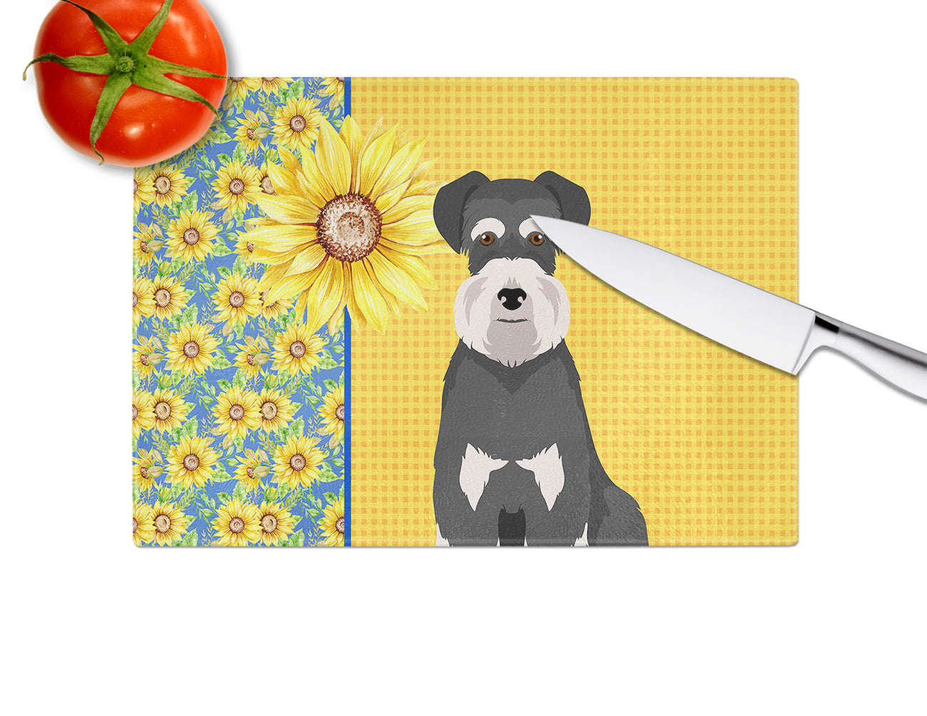 Summer Sunflowers Black and Silver Natural Ears Schnauzer Glass Cutting Board Large - the-store.com