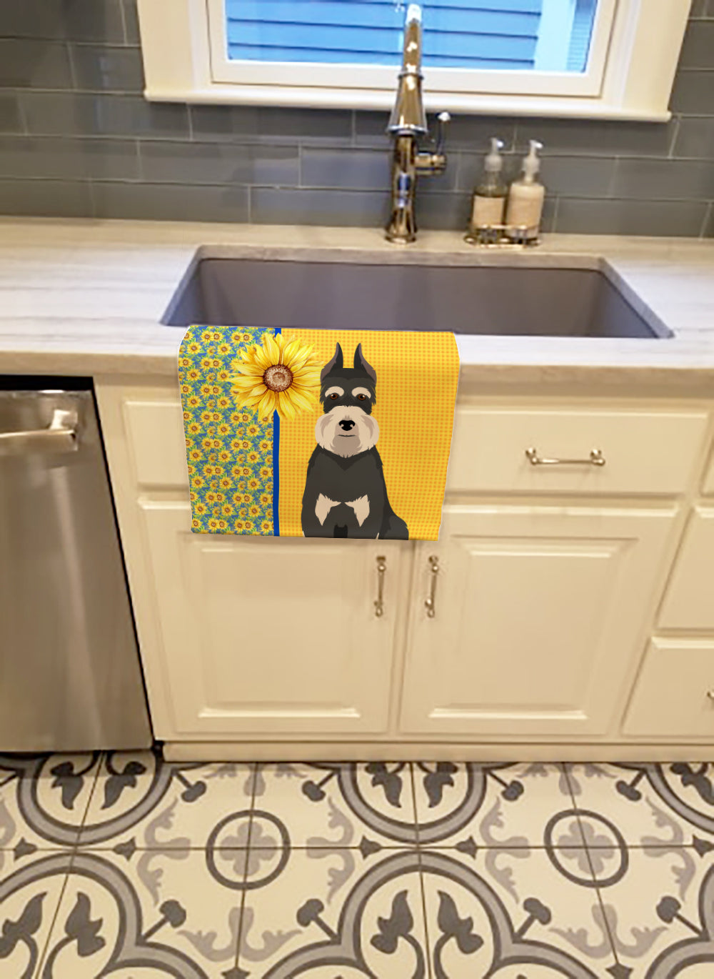 Buy this Summer Sunflowers Black and Silver Schnauzer Kitchen Towel
