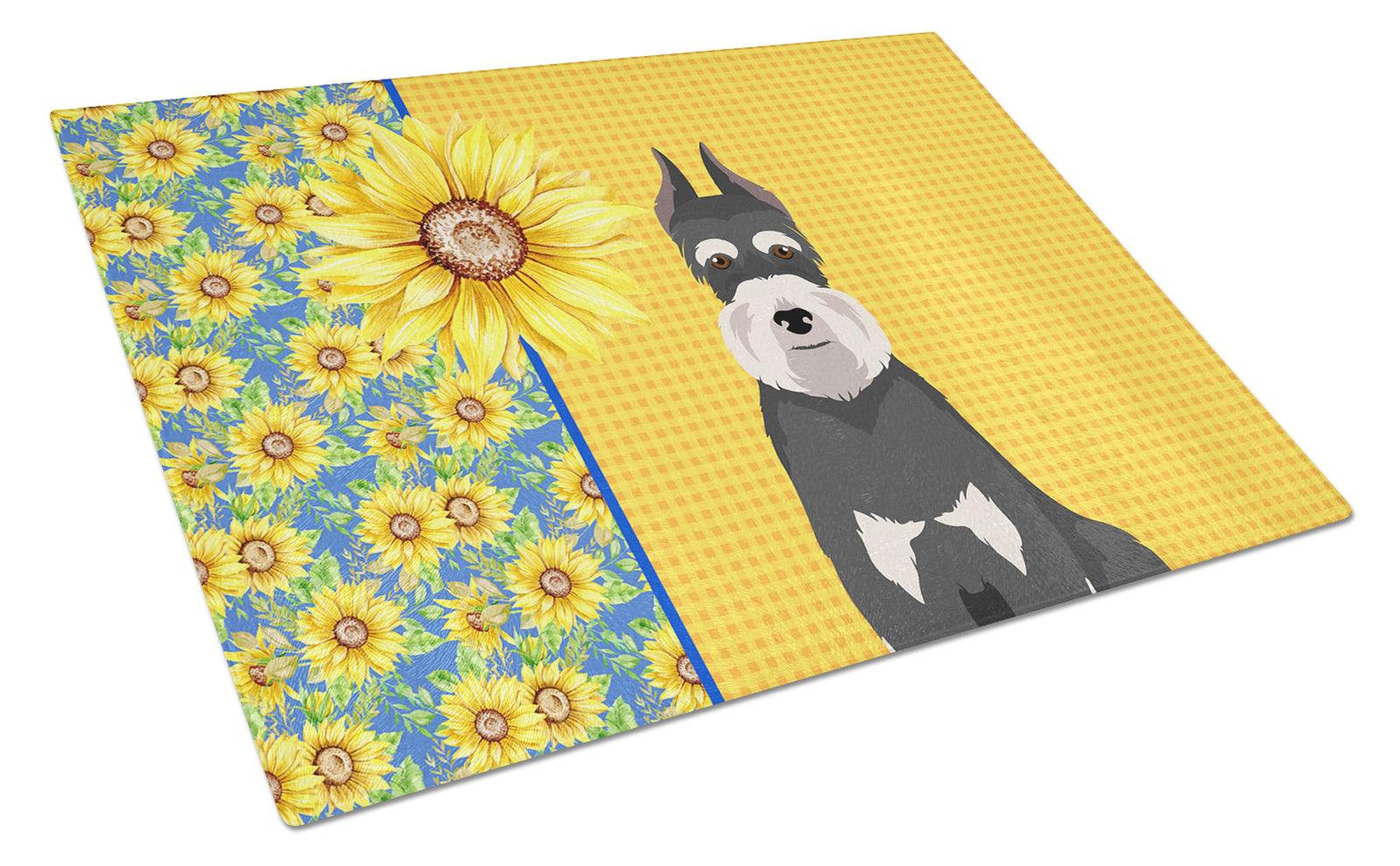 Buy this Summer Sunflowers Black and Silver Schnauzer Glass Cutting Board Large