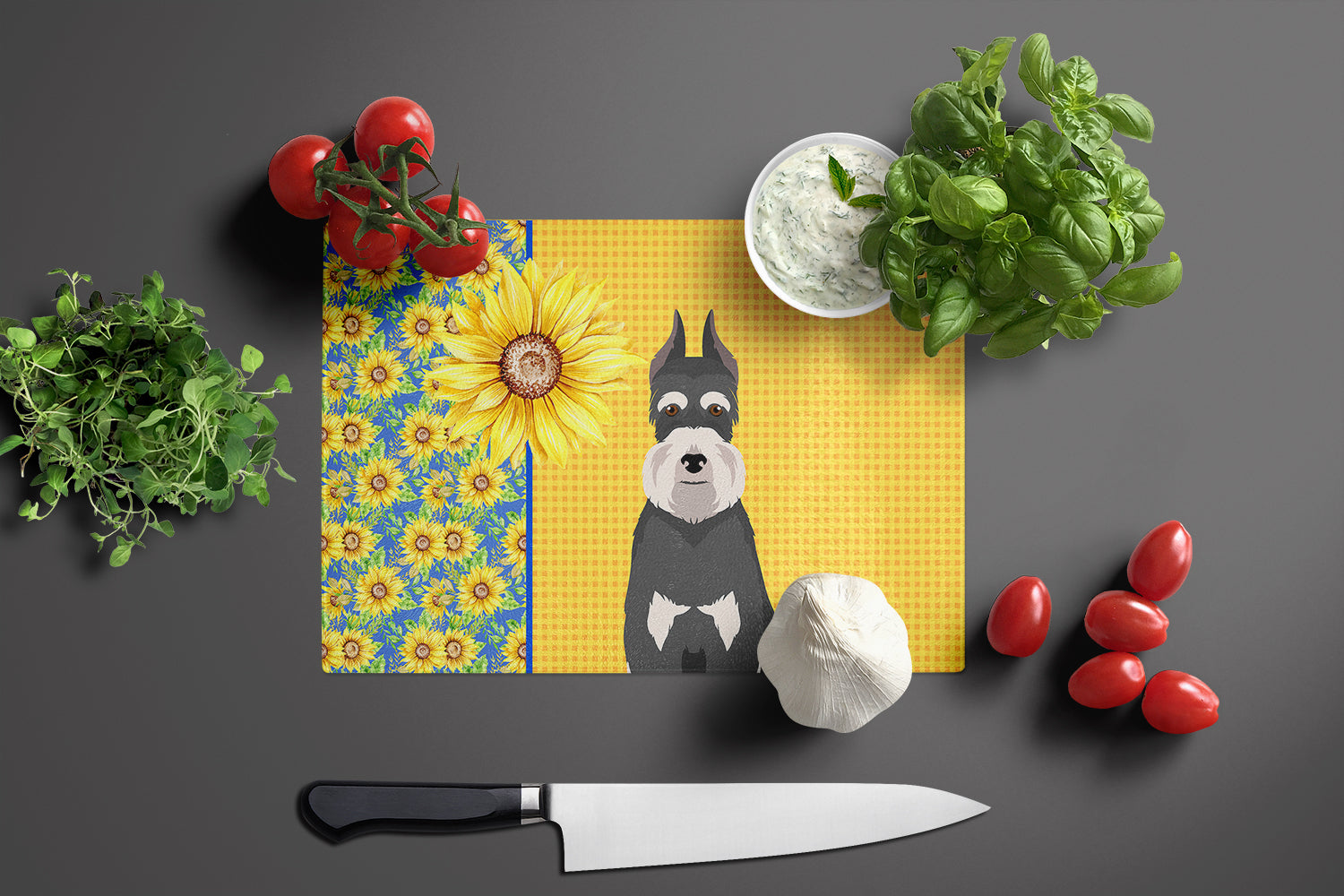 Summer Sunflowers Black and Silver Schnauzer Glass Cutting Board Large - the-store.com