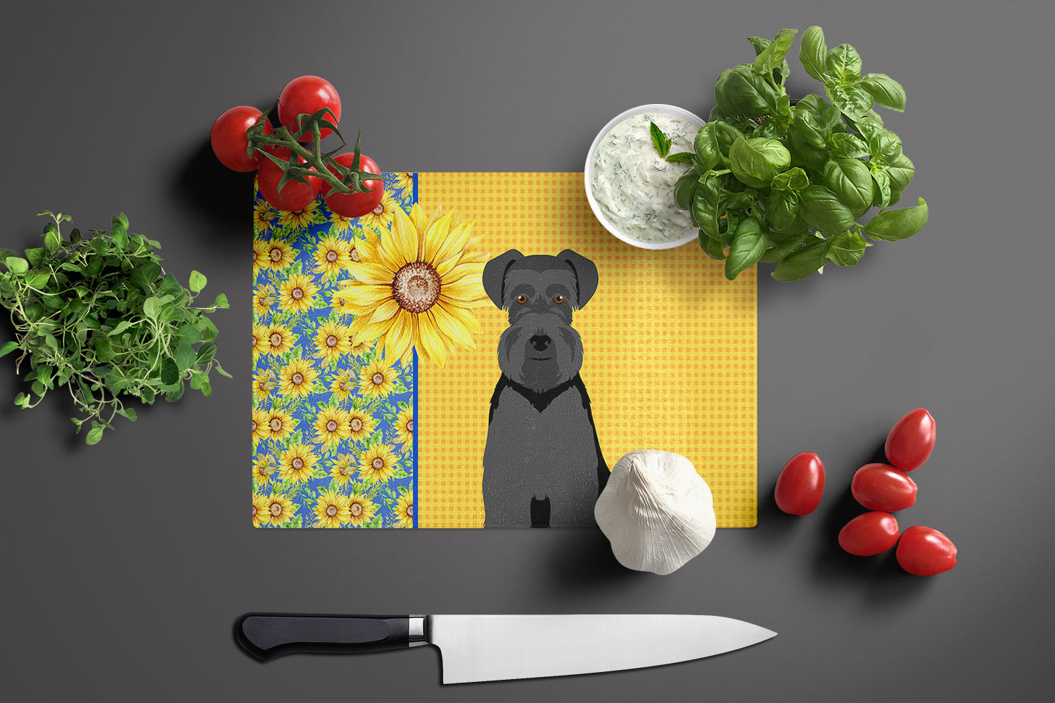 Summer Sunflowers Black Natural Ears Schnauzer Glass Cutting Board Large - the-store.com