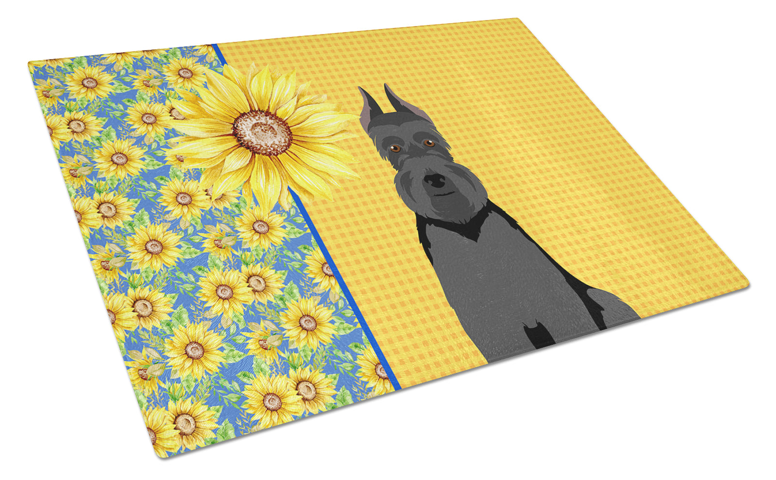 Buy this Summer Sunflowers Black Schnauzer Glass Cutting Board Large