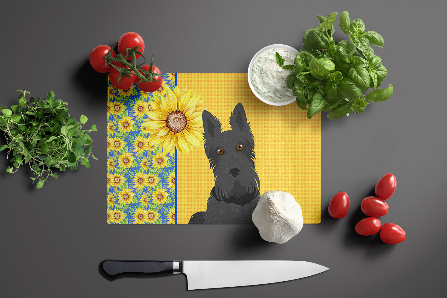 Summer Sunflowers Black Scottish Terrier Glass Cutting Board Large - the-store.com