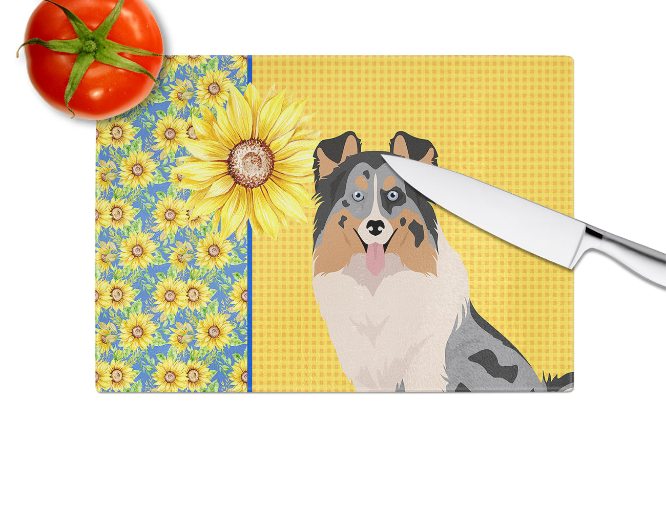 Summer Sunflowers Blue Merle Sheltie Glass Cutting Board Large - the-store.com
