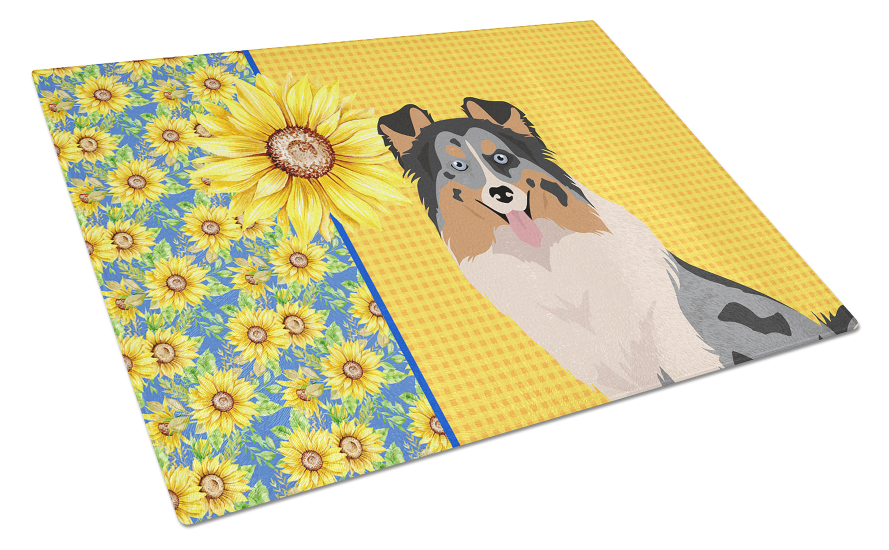 Buy this Summer Sunflowers Blue Merle Sheltie Glass Cutting Board Large