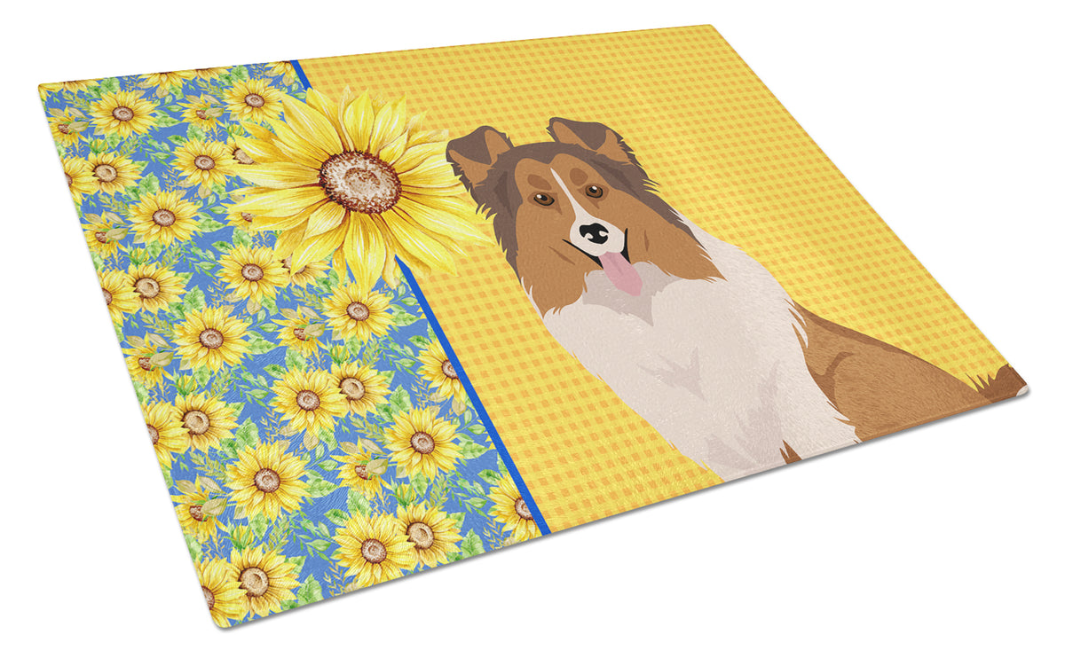 Buy this Summer Sunflowers Sable Sheltie Glass Cutting Board Large