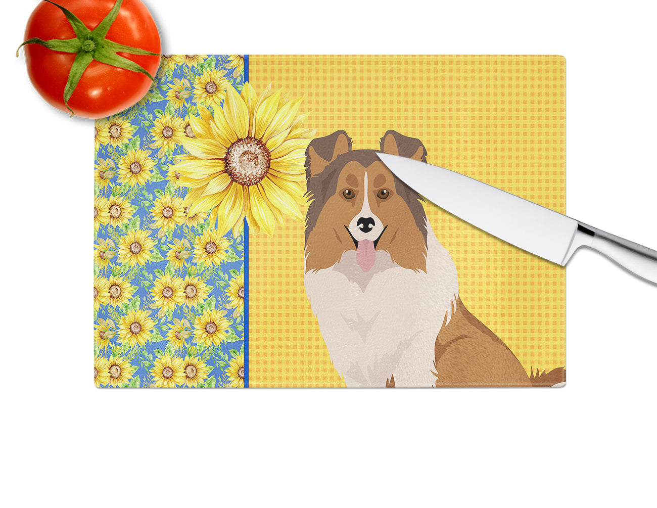 Summer Sunflowers Sable Sheltie Glass Cutting Board Large - the-store.com