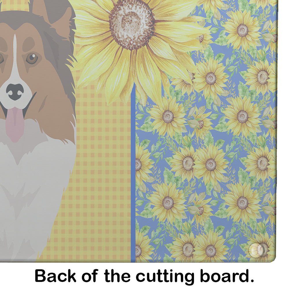 Summer Sunflowers Sable Sheltie Glass Cutting Board Large - the-store.com