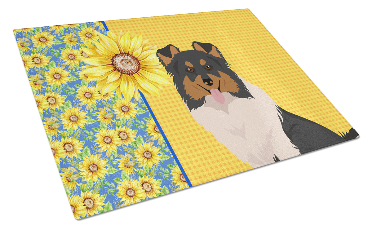 Buy this Summer Sunflowers Tricolor Sheltie Glass Cutting Board Large