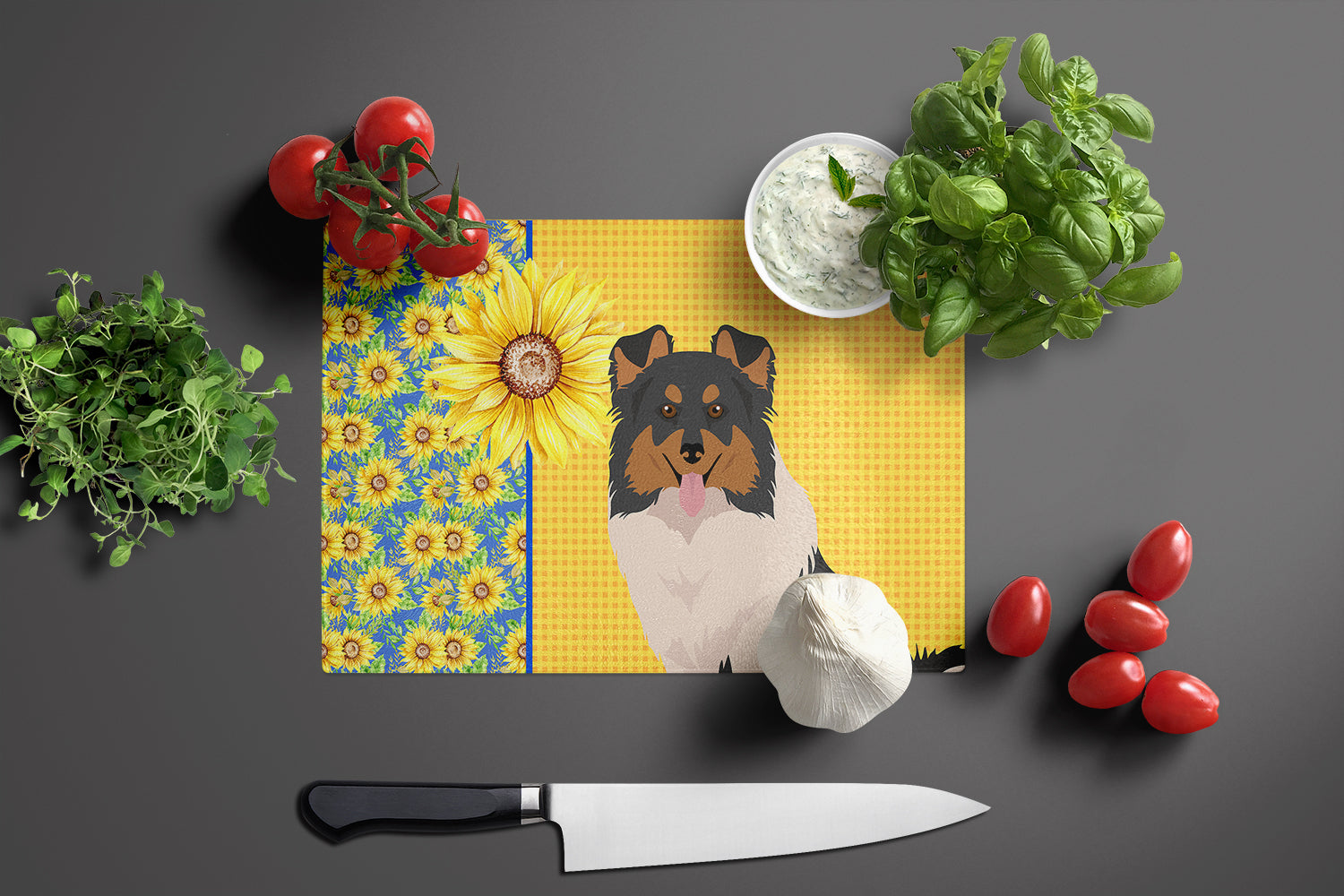 Summer Sunflowers Tricolor Sheltie Glass Cutting Board Large - the-store.com
