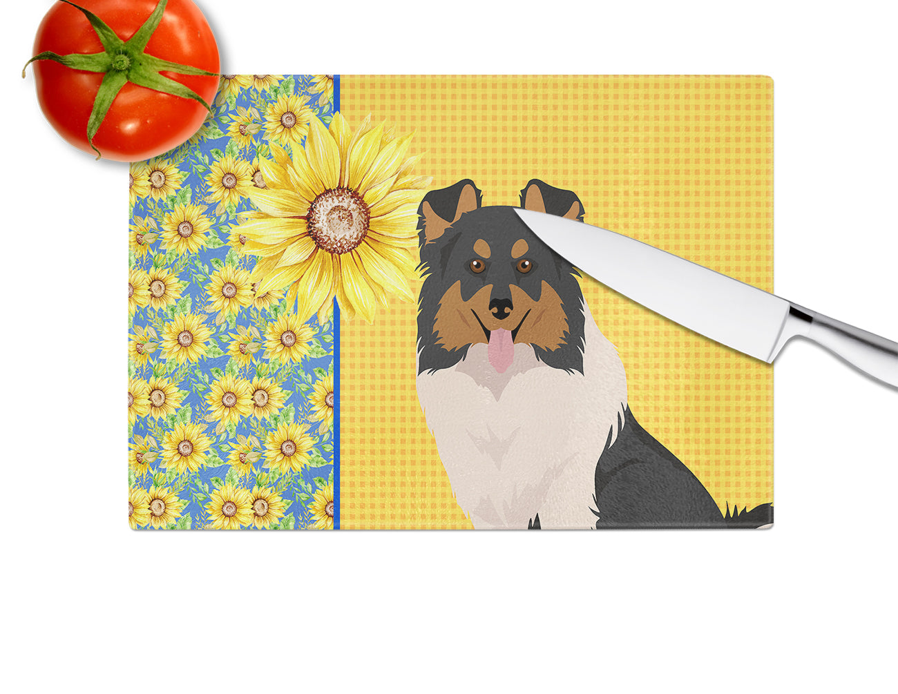 Summer Sunflowers Tricolor Sheltie Glass Cutting Board Large - the-store.com