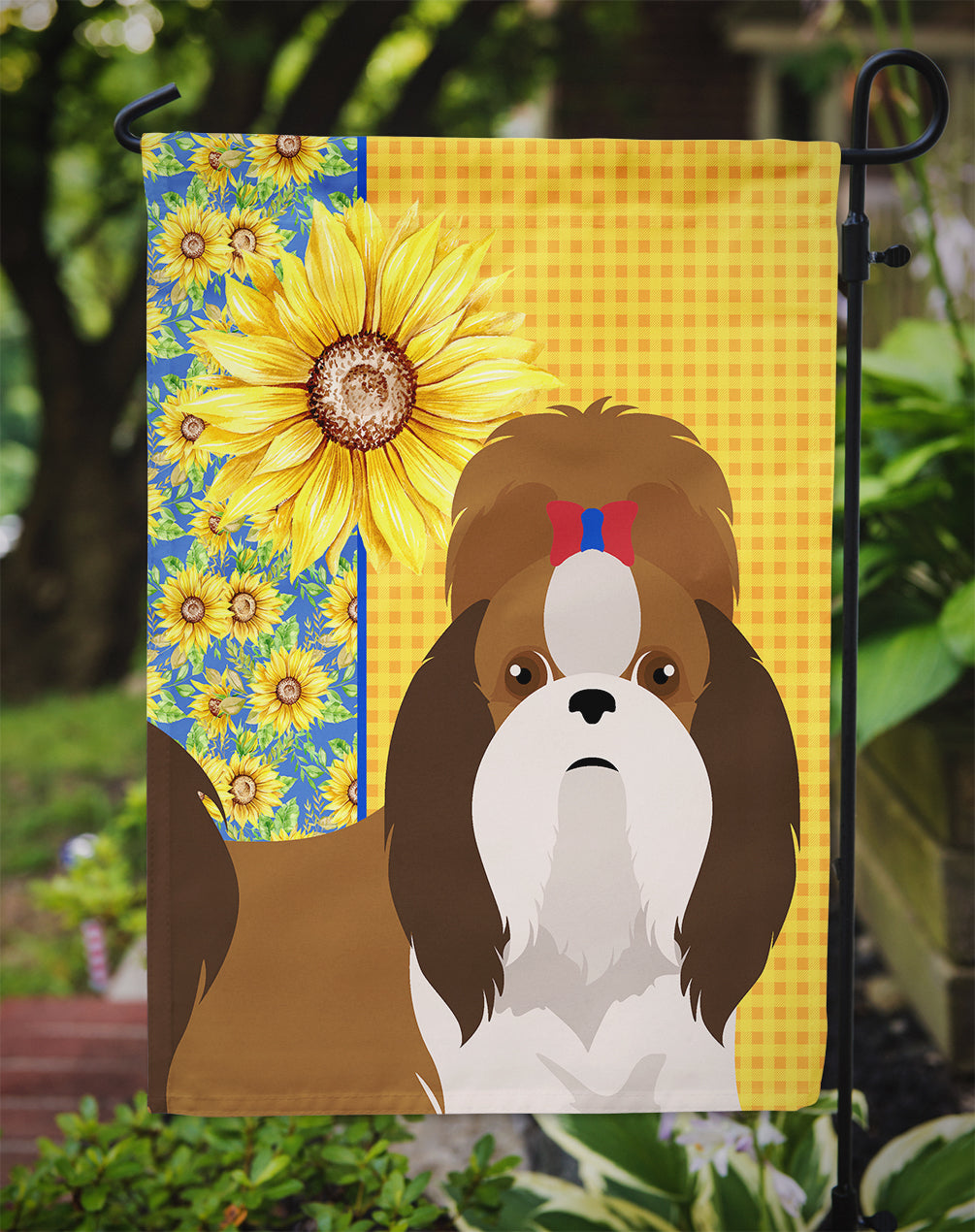 Summer Sunflowers Red and White Shih Tzu Flag Garden Size  the-store.com.