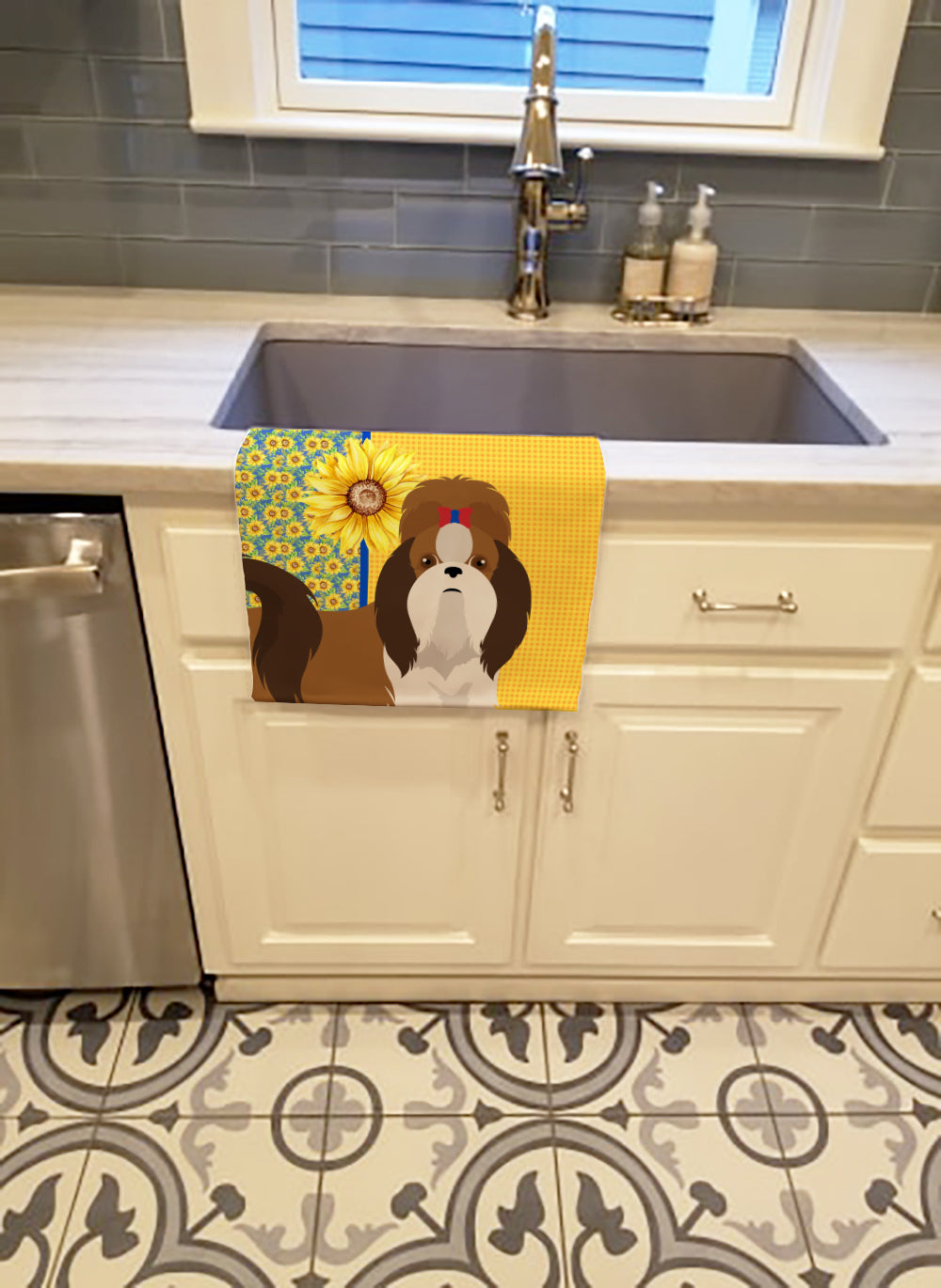 Summer Sunflowers Red and White Shih Tzu Kitchen Towel - the-store.com