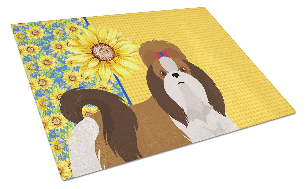 Buy this Summer Sunflowers Red and White Shih Tzu Glass Cutting Board Large