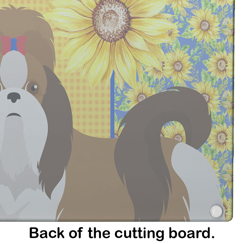 Summer Sunflowers Red and White Shih Tzu Glass Cutting Board Large - the-store.com