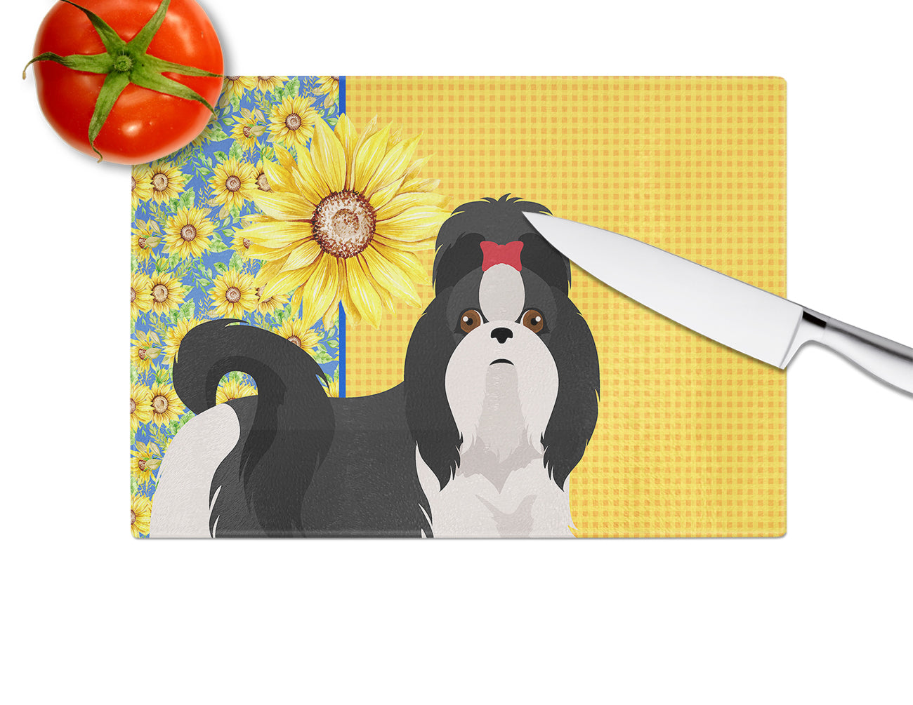 Summer Sunflowers Black and White Shih Tzu Glass Cutting Board Large - the-store.com