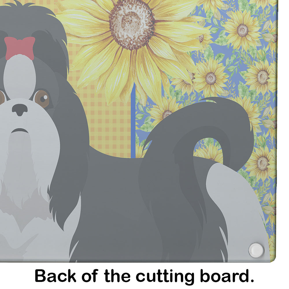 Summer Sunflowers Black and White Shih Tzu Glass Cutting Board Large - the-store.com