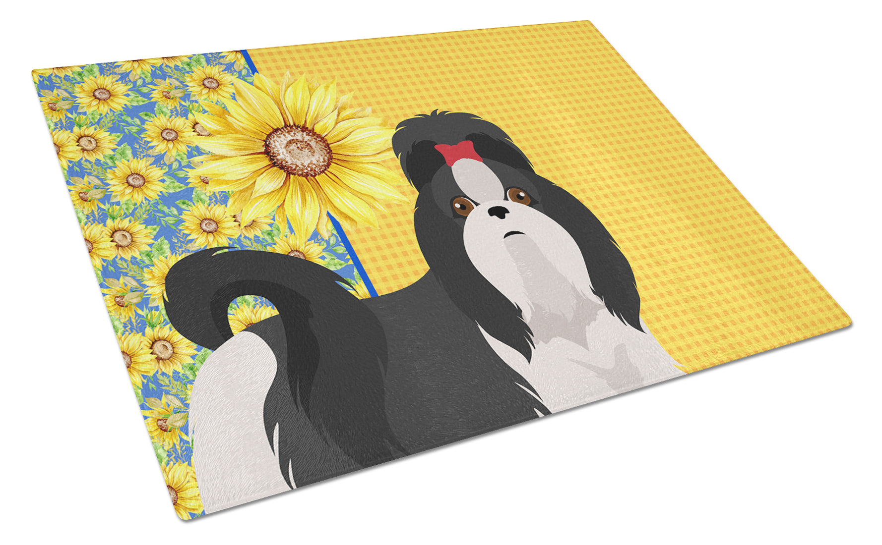 Buy this Summer Sunflowers Black and White Shih Tzu Glass Cutting Board Large