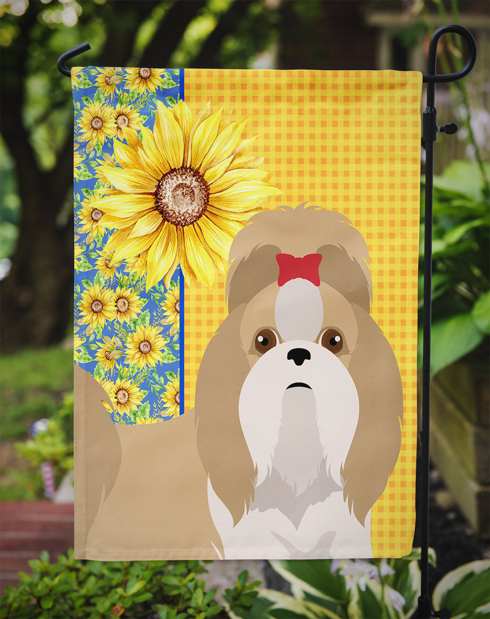 Summer Sunflowers Gold and White Shih Tzu Flag Garden Size  the-store.com.