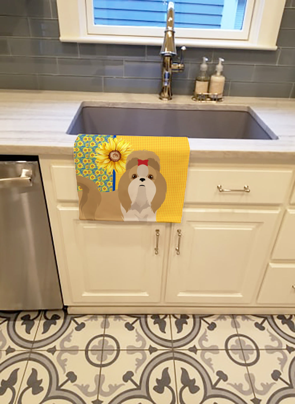 Summer Sunflowers Gold and White Shih Tzu Kitchen Towel - the-store.com