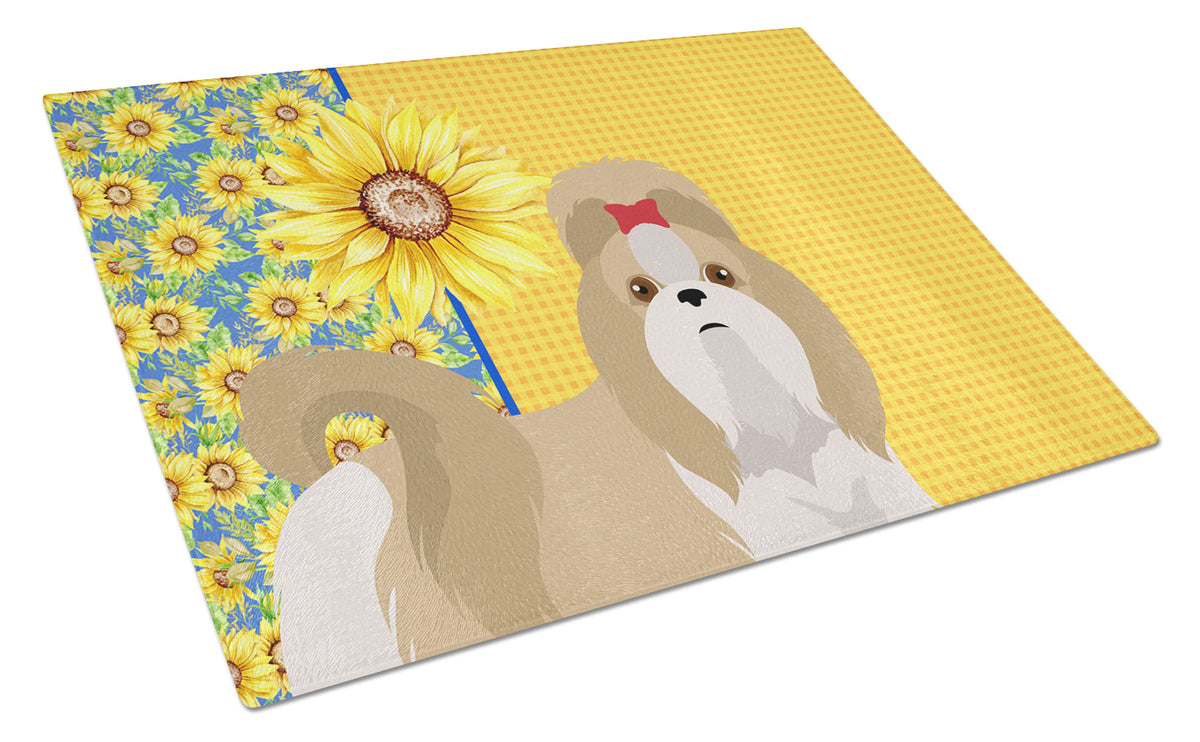 Buy this Summer Sunflowers Gold and White Shih Tzu Glass Cutting Board Large