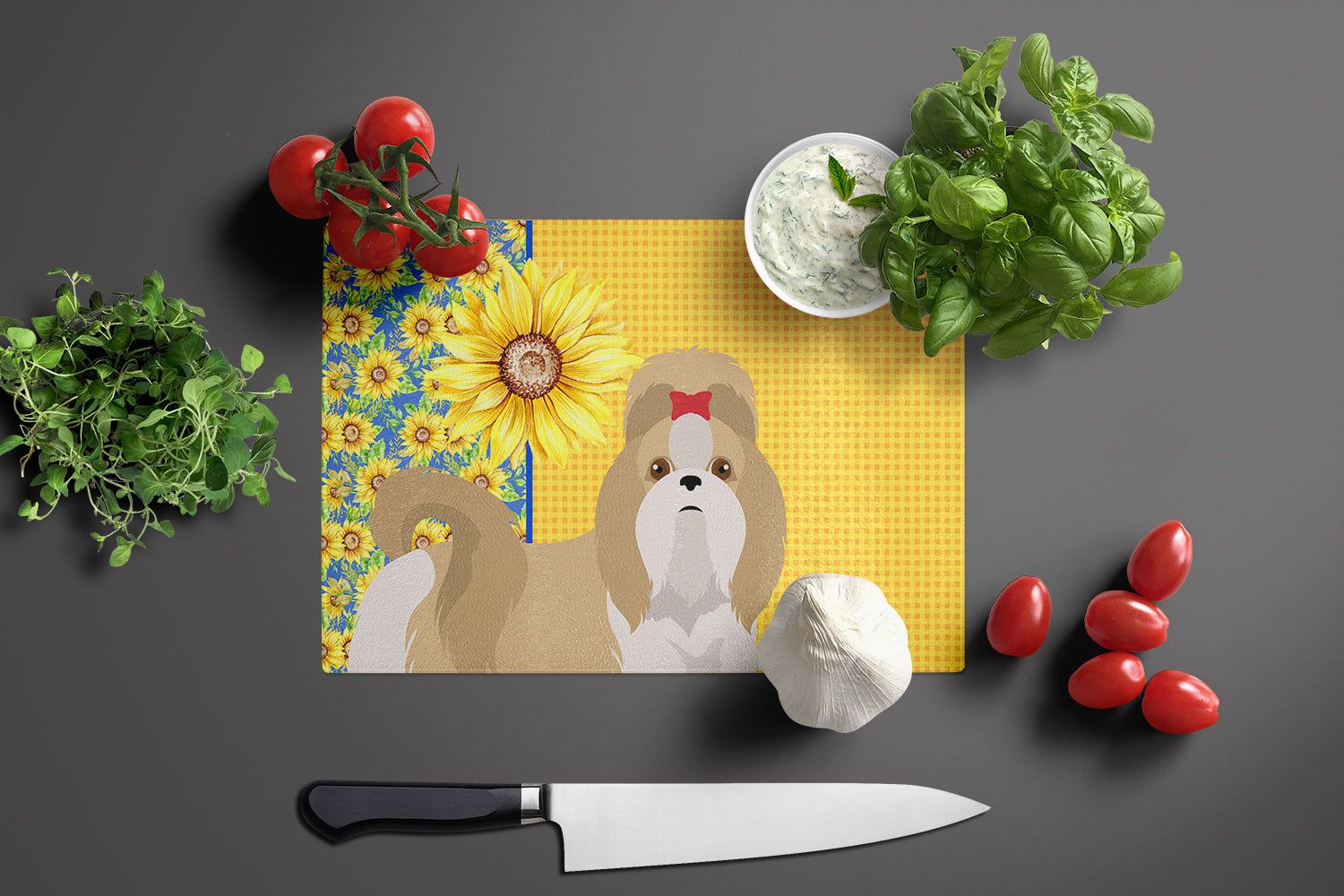 Summer Sunflowers Gold and White Shih Tzu Glass Cutting Board Large - the-store.com