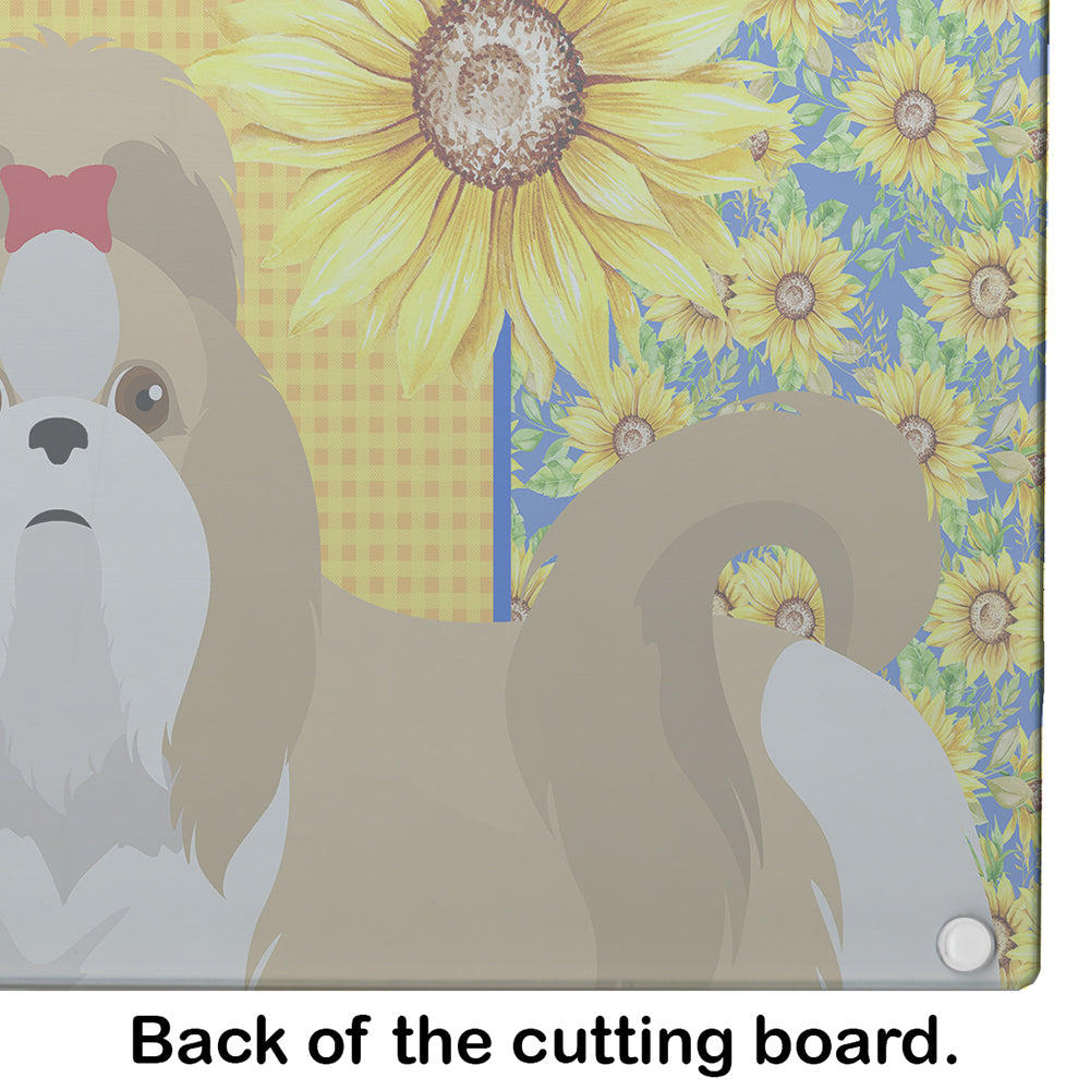 Summer Sunflowers Gold and White Shih Tzu Glass Cutting Board Large - the-store.com