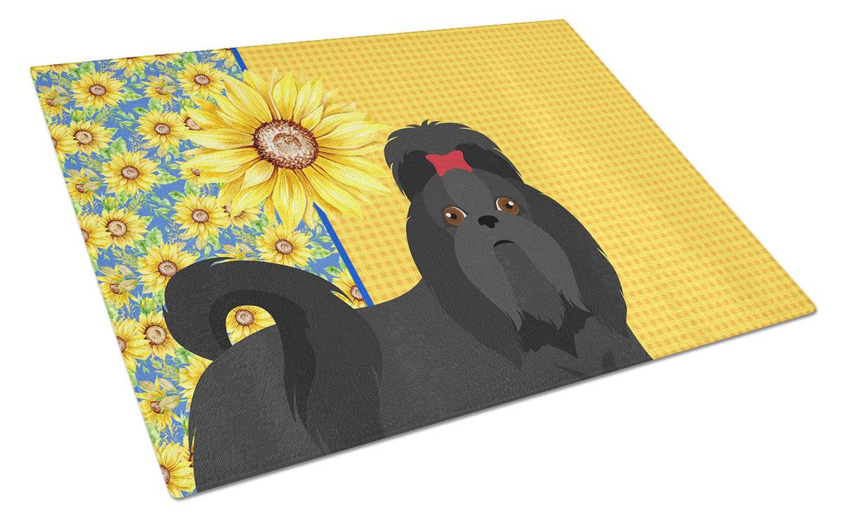 Buy this Summer Sunflowers Black Shih Tzu Glass Cutting Board Large