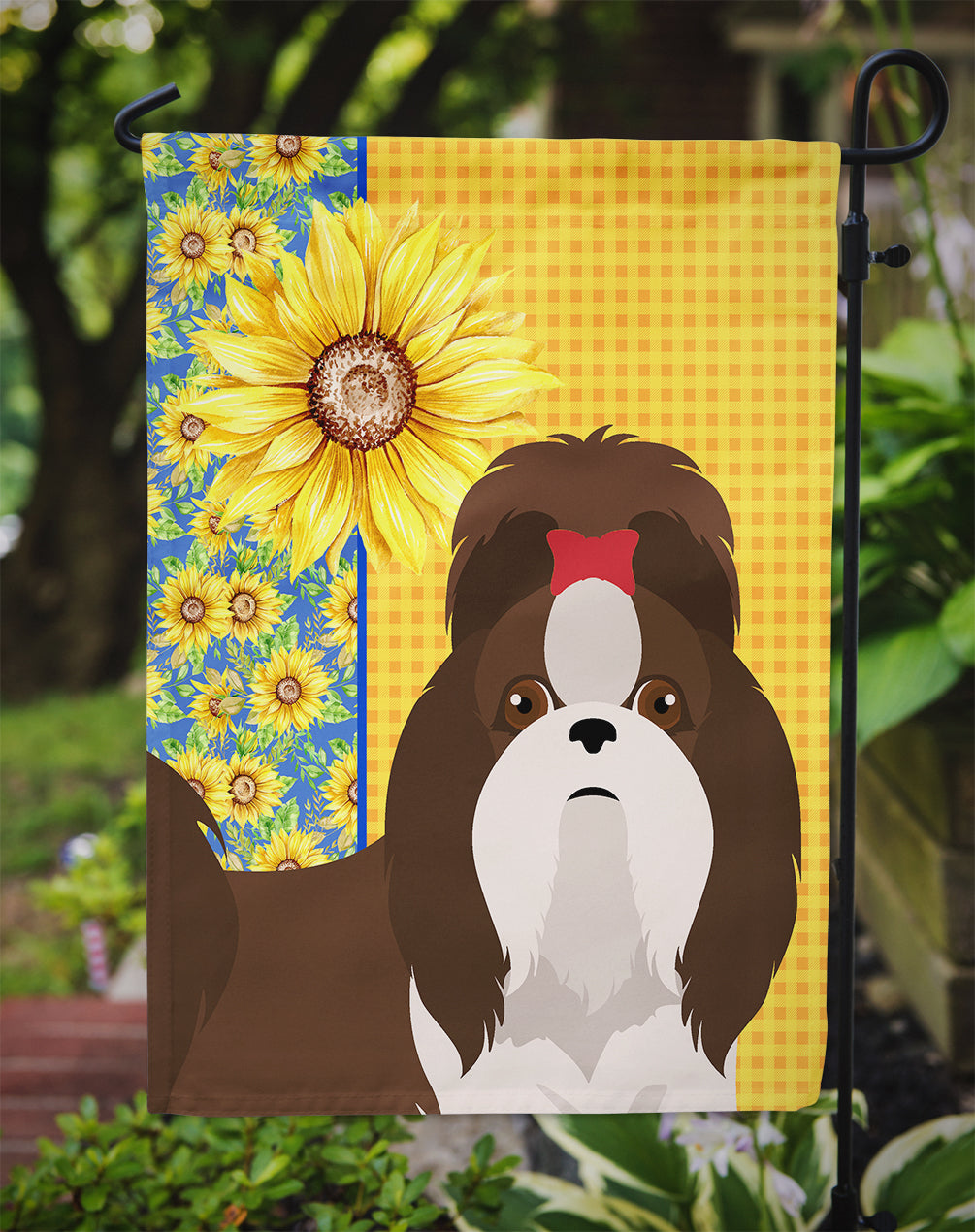 Summer Sunflowers Liver and White Shih Tzu Flag Garden Size  the-store.com.