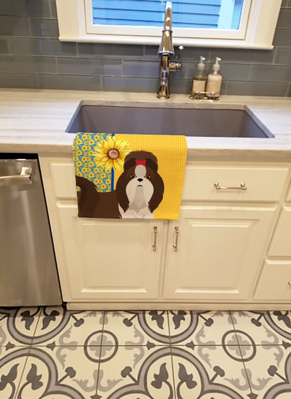 Summer Sunflowers Liver and White Shih Tzu Kitchen Towel - the-store.com