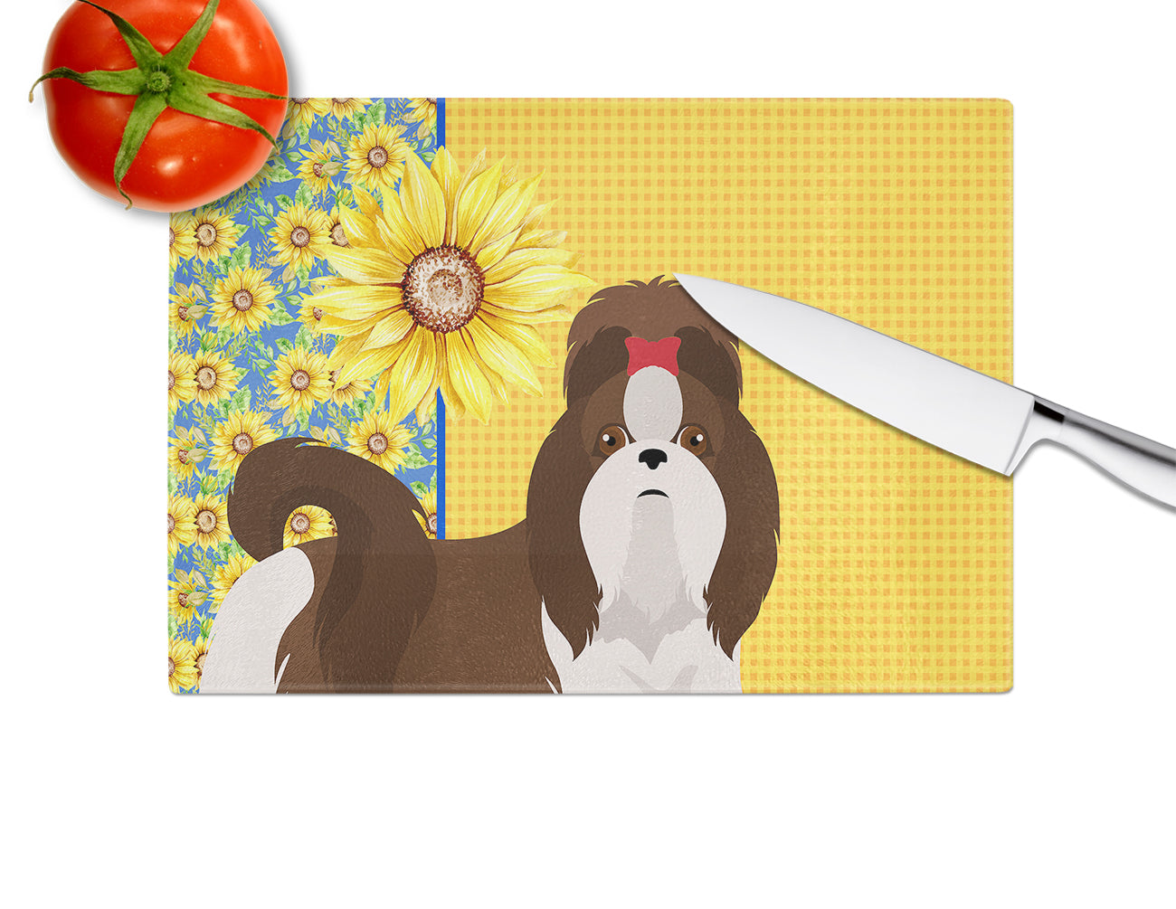 Summer Sunflowers Liver and White Shih Tzu Glass Cutting Board Large - the-store.com