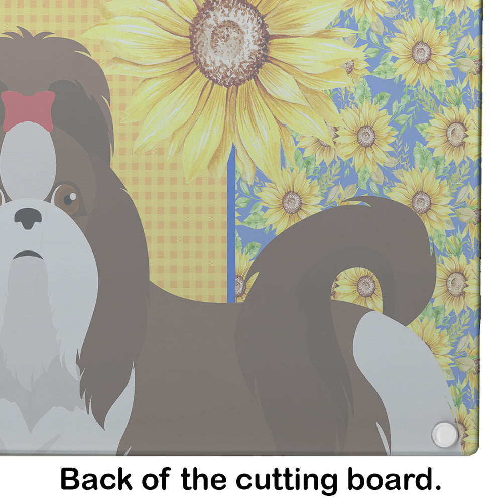 Summer Sunflowers Liver and White Shih Tzu Glass Cutting Board Large - the-store.com