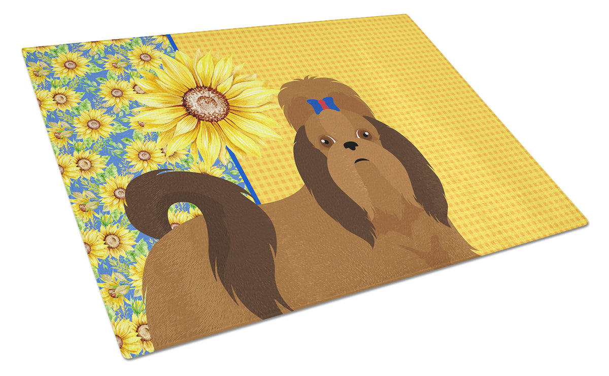 Buy this Summer Sunflowers Red Shih Tzu Glass Cutting Board Large