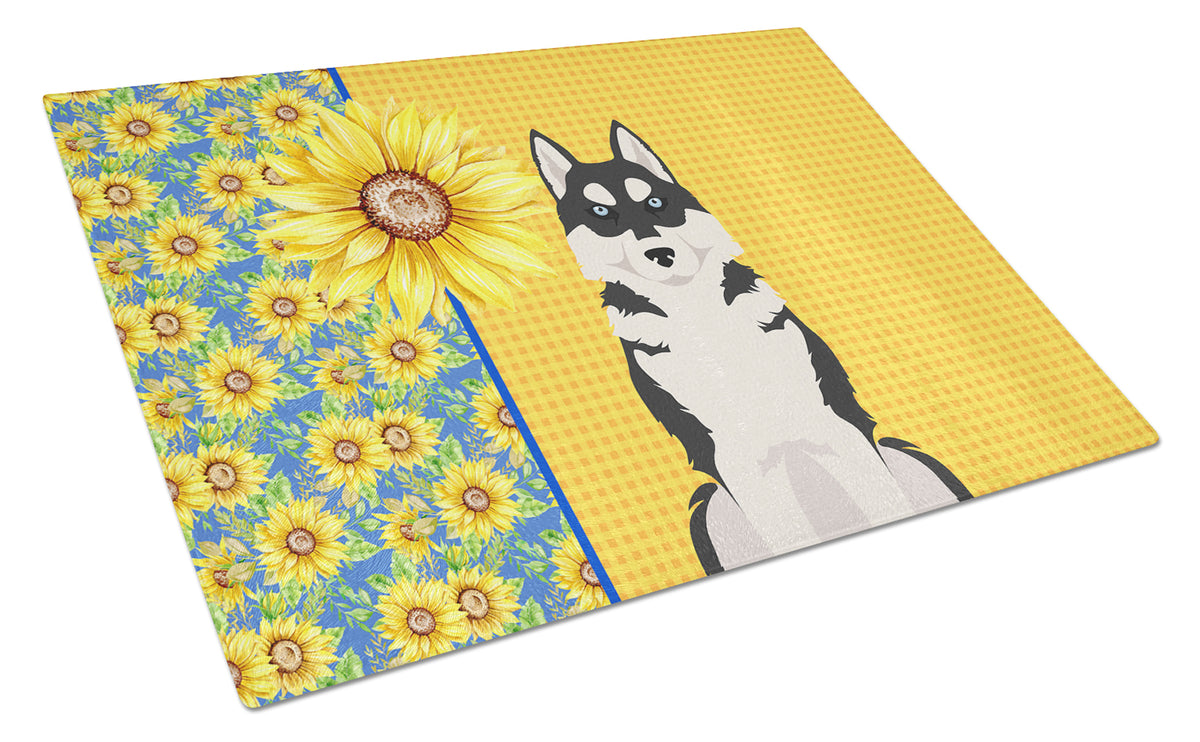Buy this Summer Sunflowers Black Siberian Husky Glass Cutting Board Large