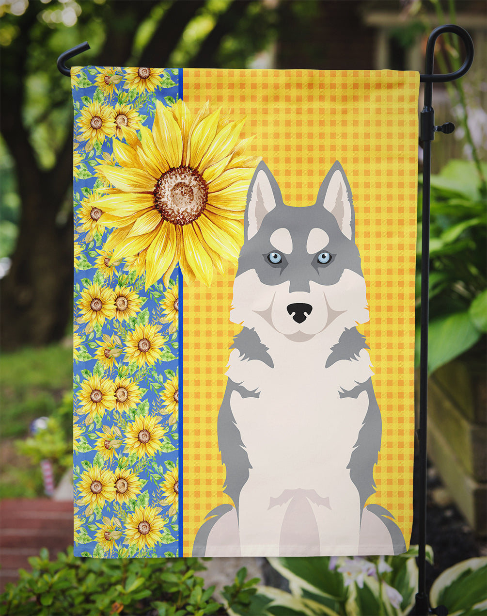 Summer Sunflowers Grey Siberian Husky Flag Garden Size