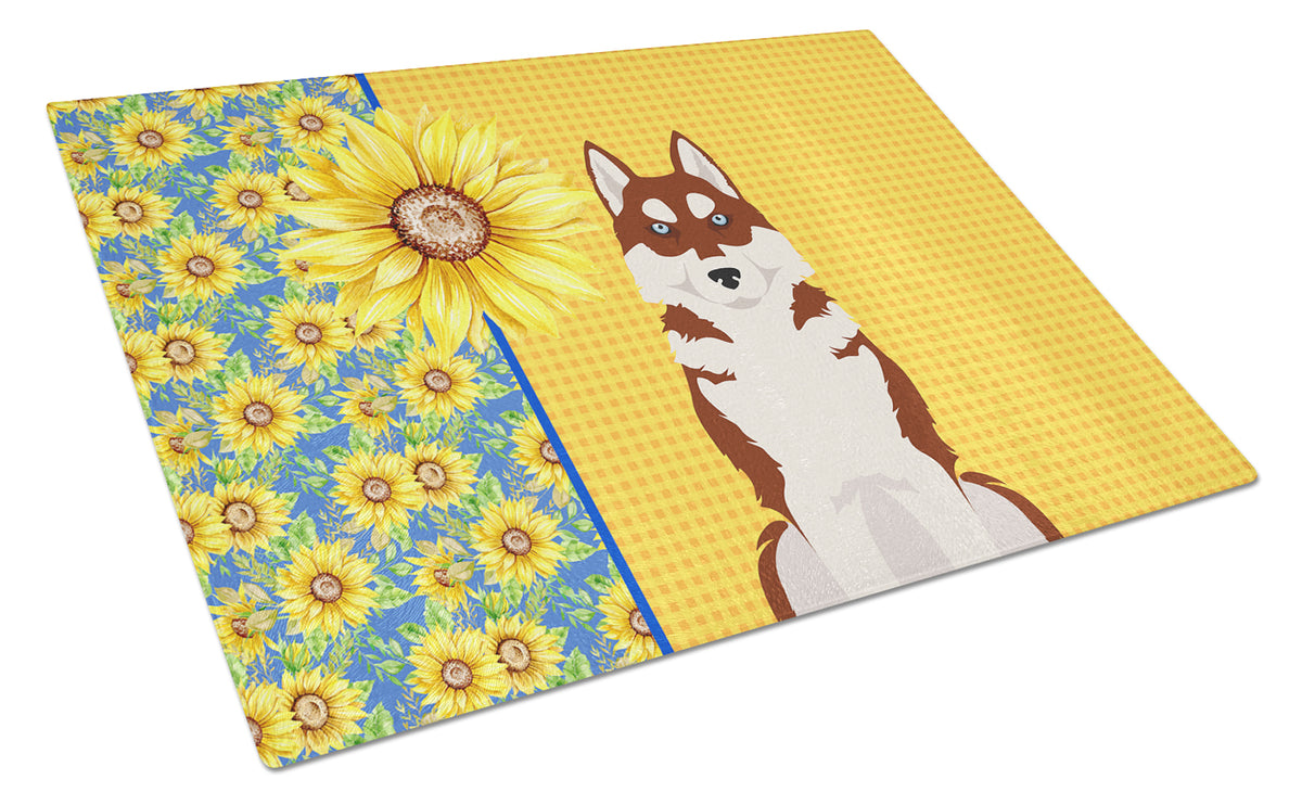 Buy this Summer Sunflowers Red Siberian Husky Glass Cutting Board Large