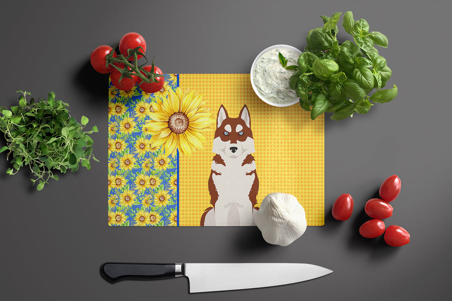 Summer Sunflowers Red Siberian Husky Glass Cutting Board Large - the-store.com